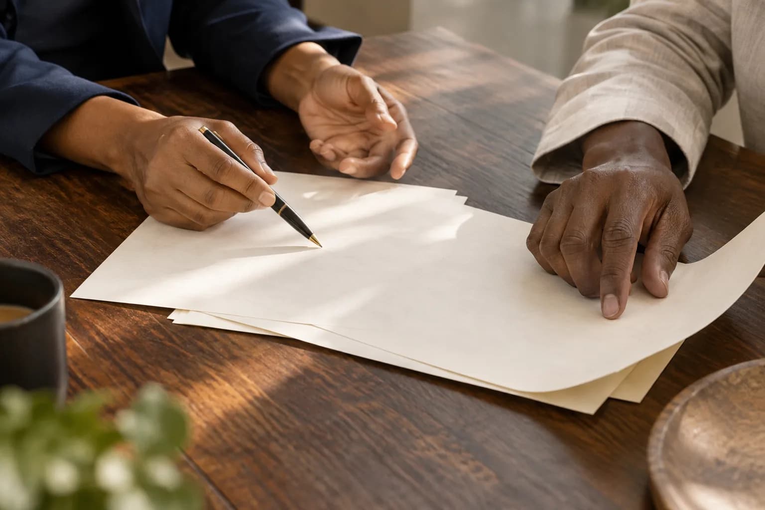 Hands reviewing papers at a wooden table in natural light