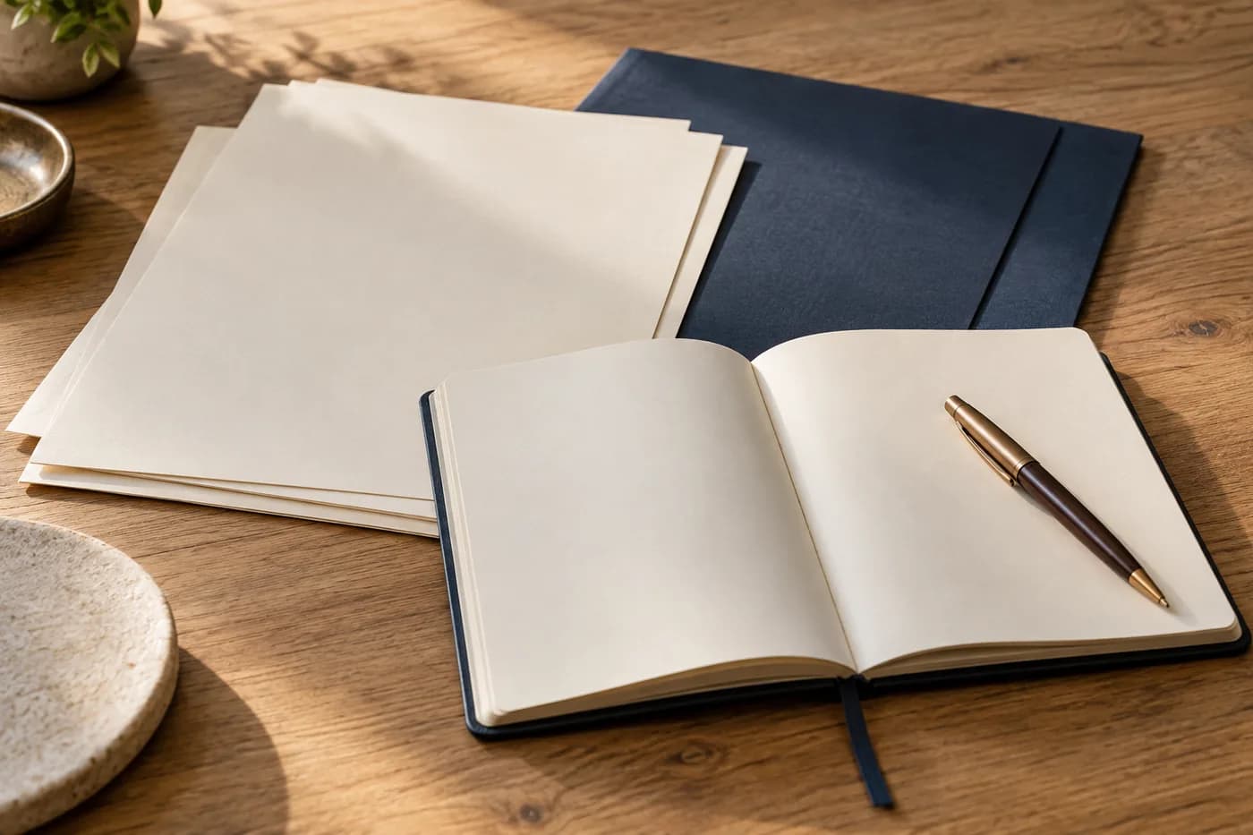 An open notebook and pen beside papers and a navy folder on a wooden table