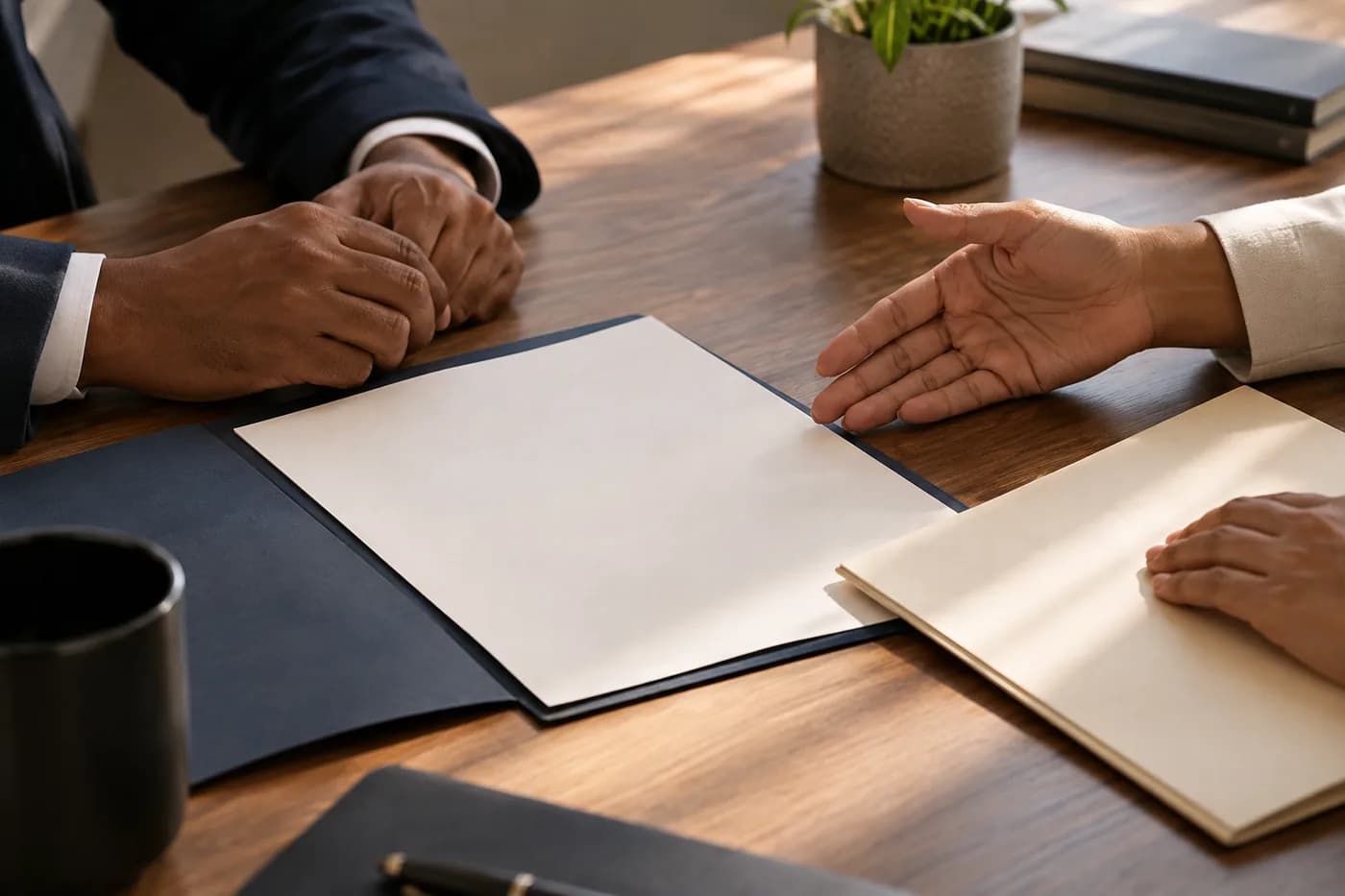Hands reviewing separate folders across a table