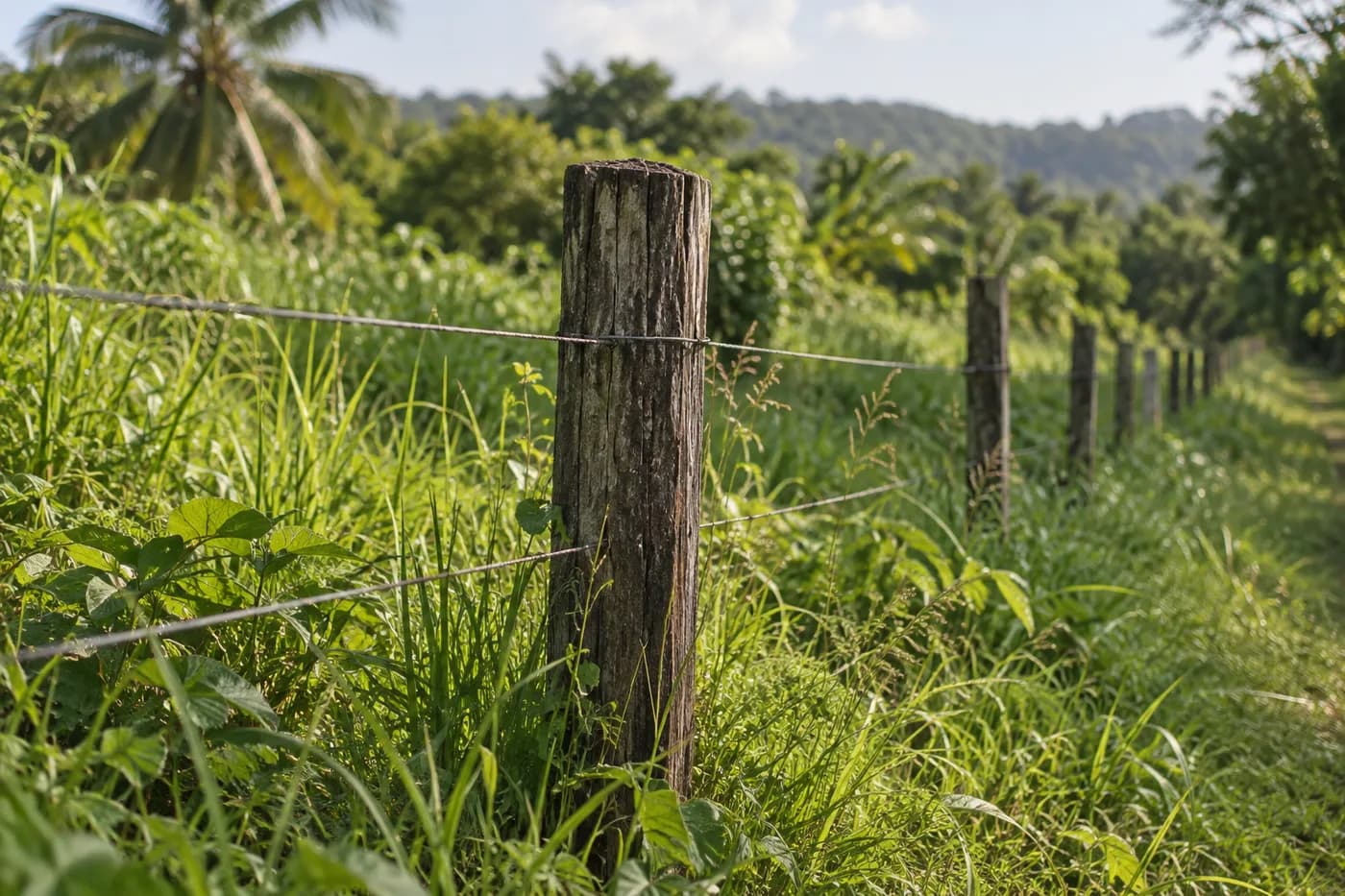 A wooden boundary marker and fence through green grass